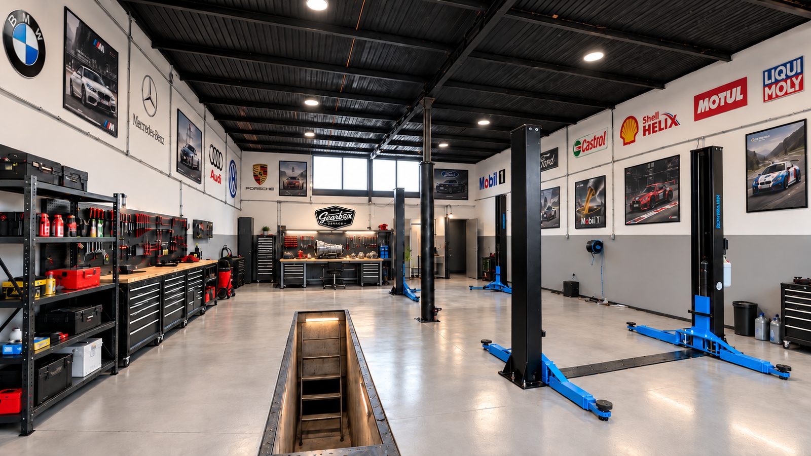 Brenda garazhit Gearbox Garage në Gjilan: ngritëse hidraulike, kanal inspektimi dhe vegla pune